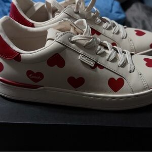 Coach Cream Leather Sneakers with Red Heart Accents